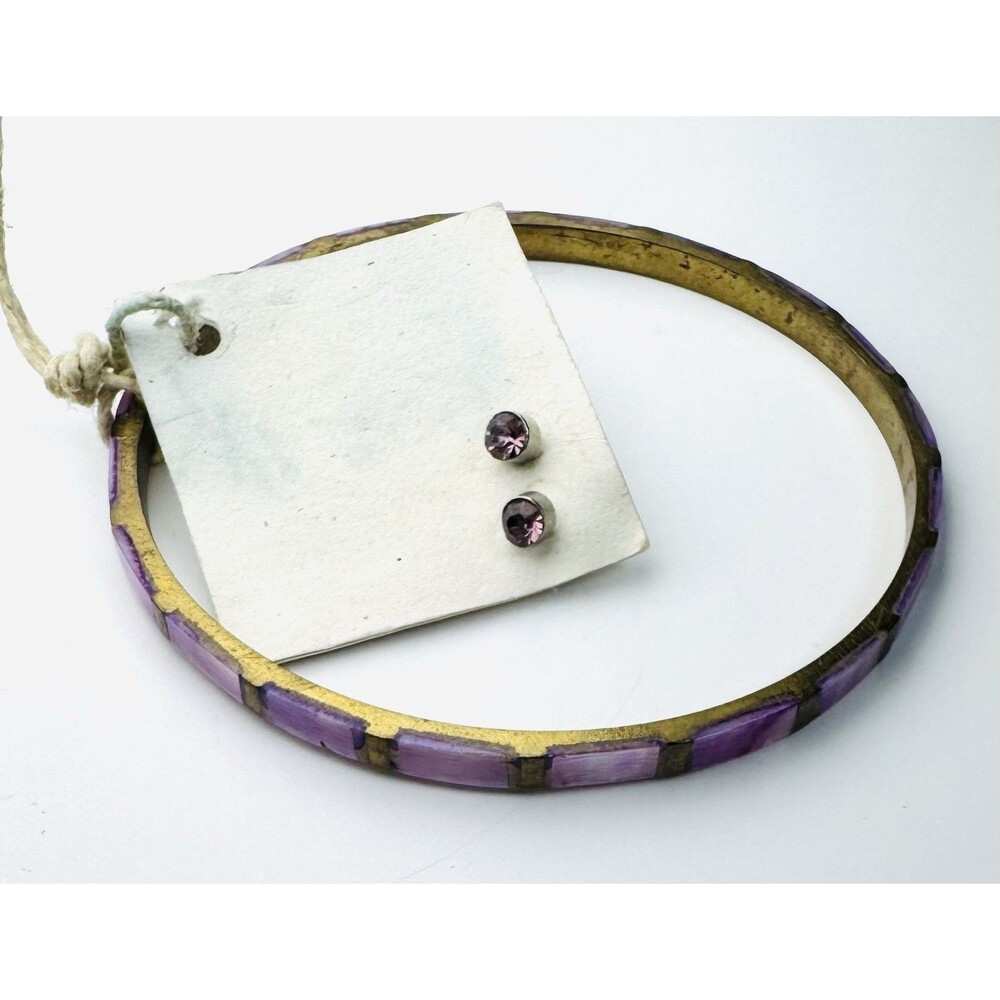 Ten Thousand Villages Purple Inlay Bangle Bracelet & Earrings Set Handmade